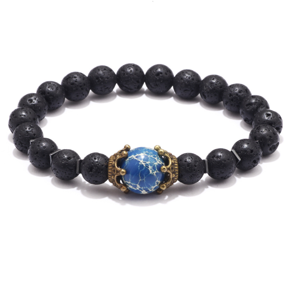 Classic Punk Style Tiger Eye Volcanic Map Stone Men's Crown Elastic Bracelet ddmymoon