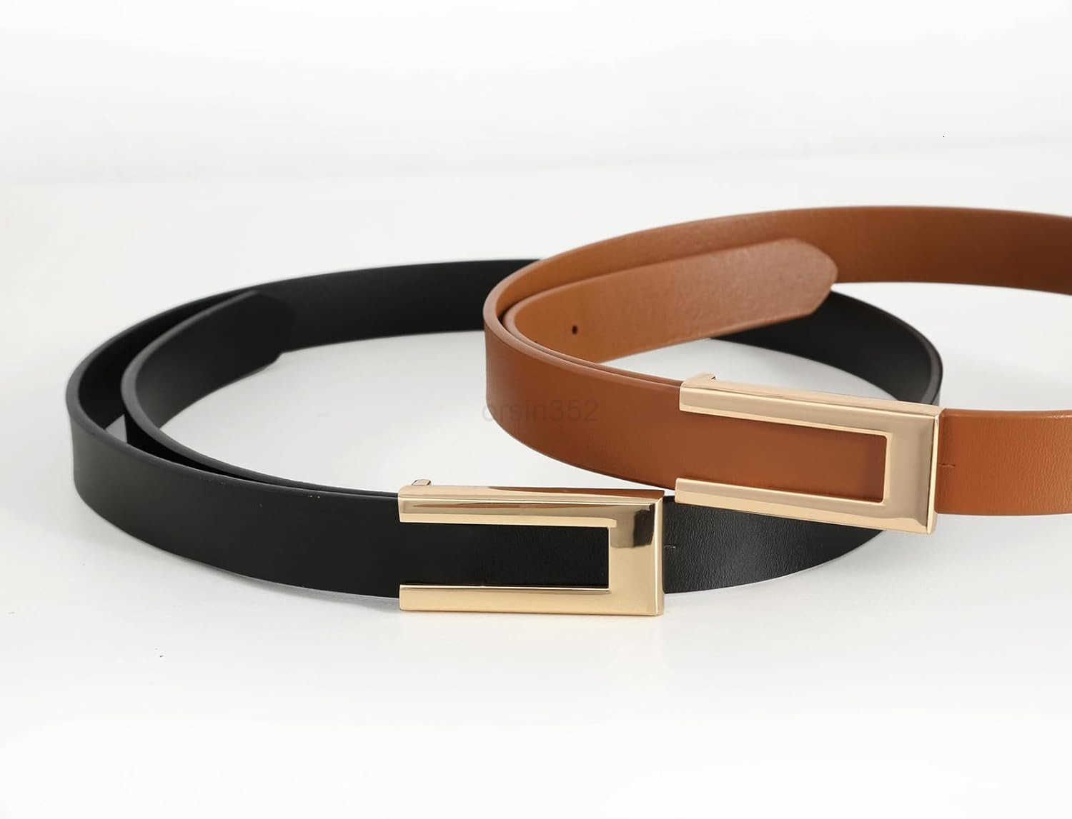 Womens Leather Belt Skinny Waist Belt for Dresses Jeans Pants with Gold BuckleW250913