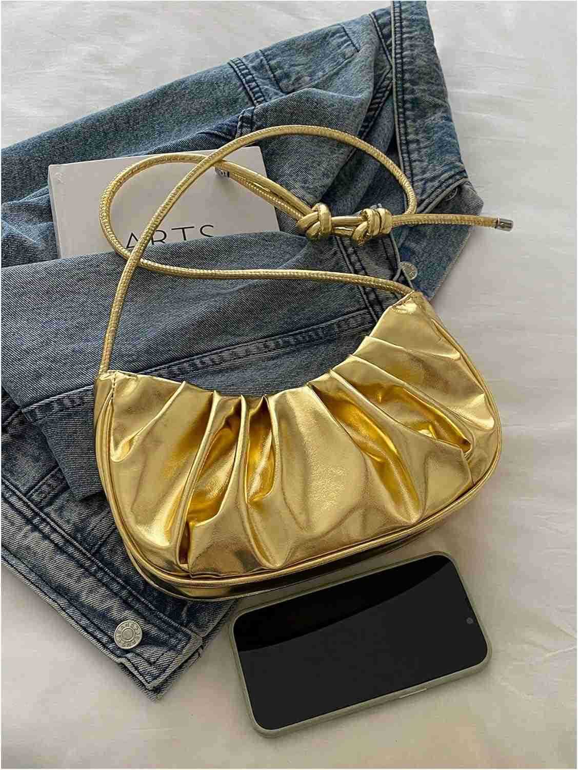 Womens Gold Purse Ruched Metallic Shoulder Handbags Top Handle Underarm BagW250913