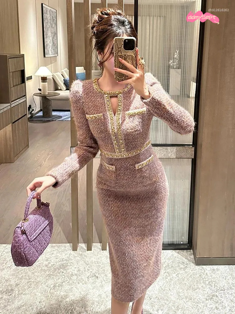 Two Piece Dress Women Clothes Vintage Tweed Hollow Sexy O-Neck Slim Midi Pencil Elegant Fashion Evening Party Vestidos Formal Ocn ddmythur