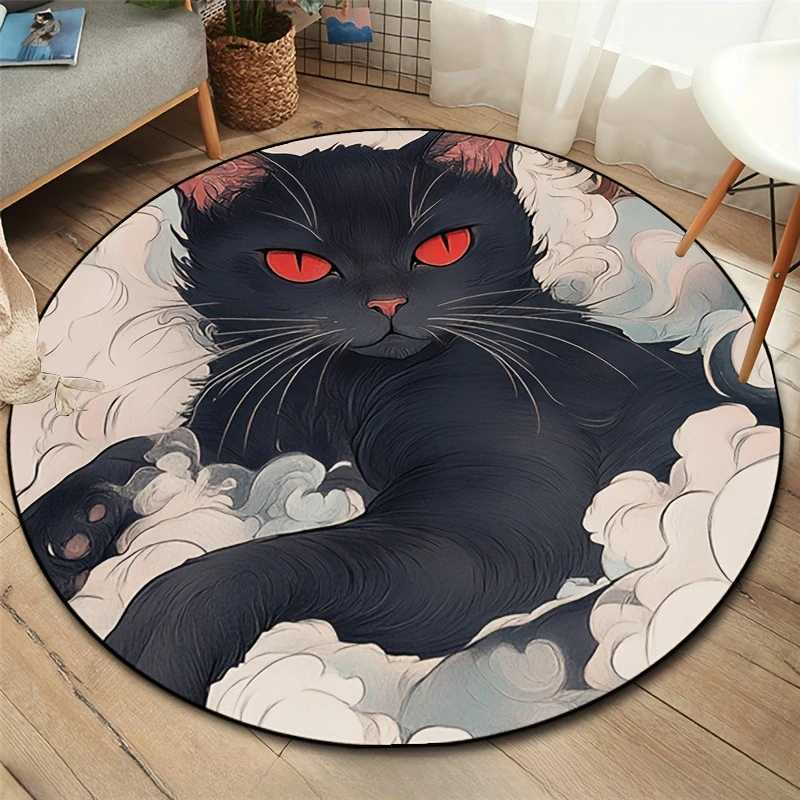 1pc round rug in crystal velvet fabric with black cat pattern suitable for entryway living room bedroom terrace and garden C250913