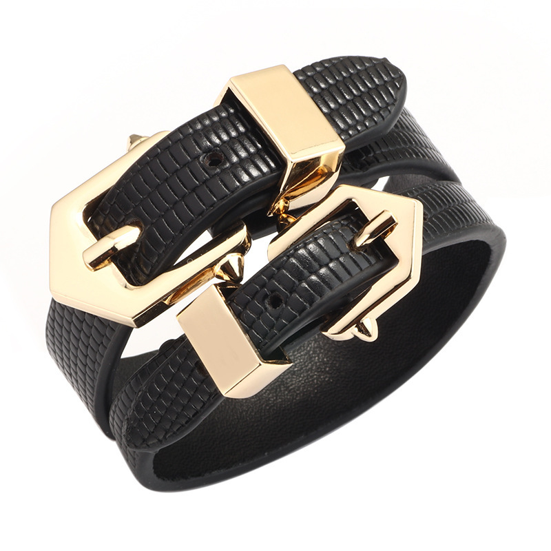 TemuPU Snake Pattern Leather Bracelet Alloy Electroplated Double Buckle Head Women's Versatile Jewelry Hot-Selling Model ddmymoon