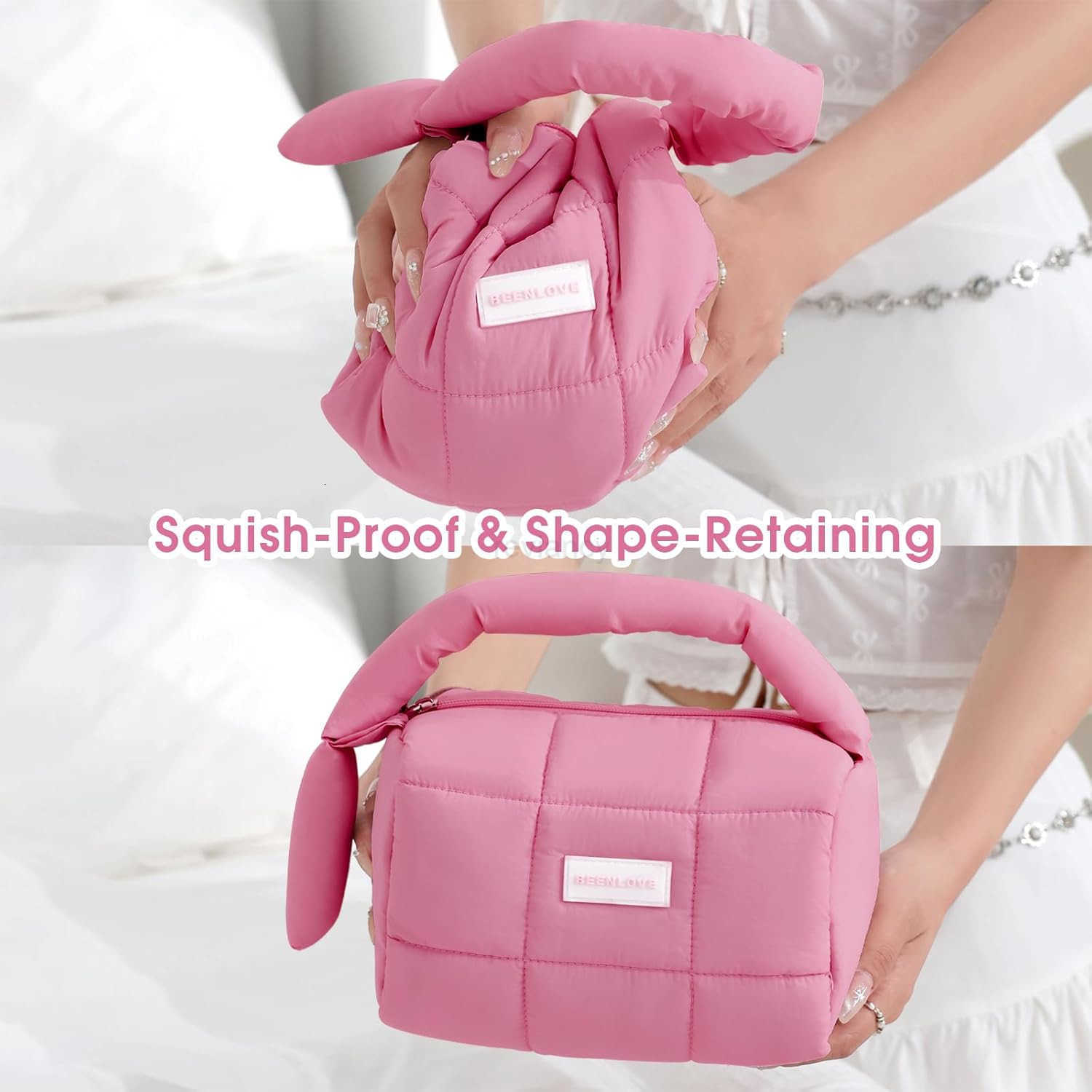 Cute Puffy Makeup Bag with Handle Quilted Cosmetic Organizer Bag Waterproof Travel Toiletry Pouch Portable Handbag with Zipper for Women and Girls Ros