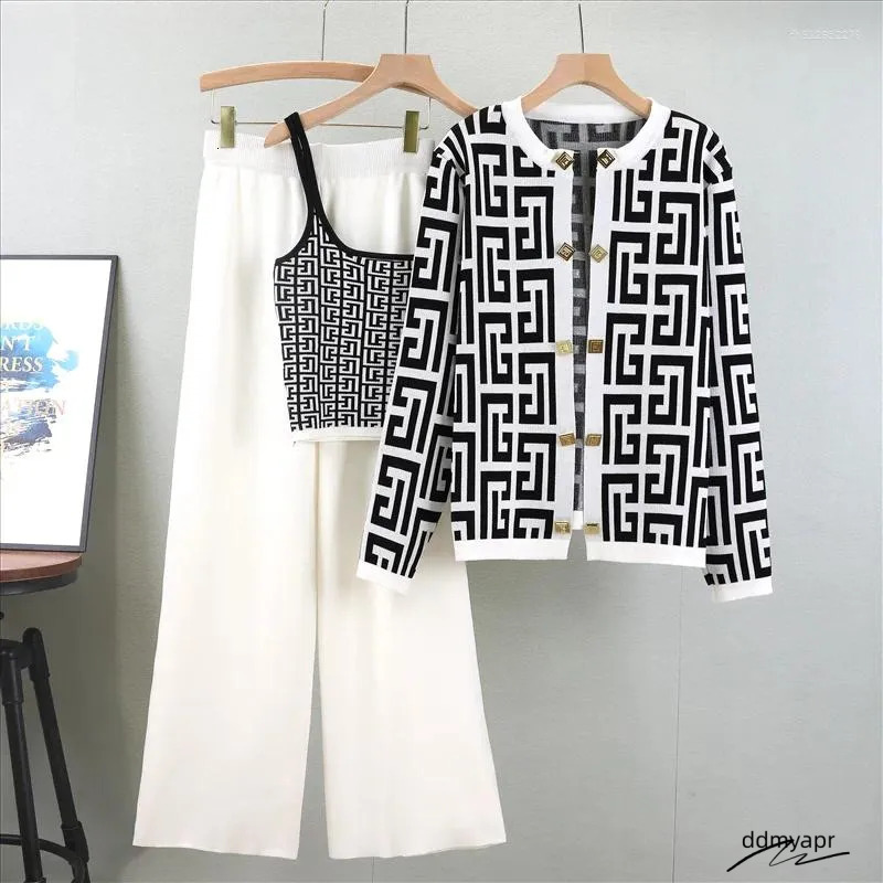 Women's Tracksuits Spring Knitted Three Pieces Sets 2025 Slim Short Tank Top Long Sleeves Cardigan Elastic Wide Leg Pants Fashion Sweater ddmyapr