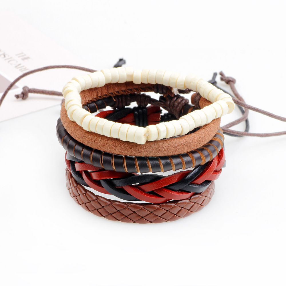 Set of Wooden Bead Bracelets Simple Personality Beaded Genuine Leather Bracelet PU Braided Rope Adjustable Jewelry for Men ddmymoon