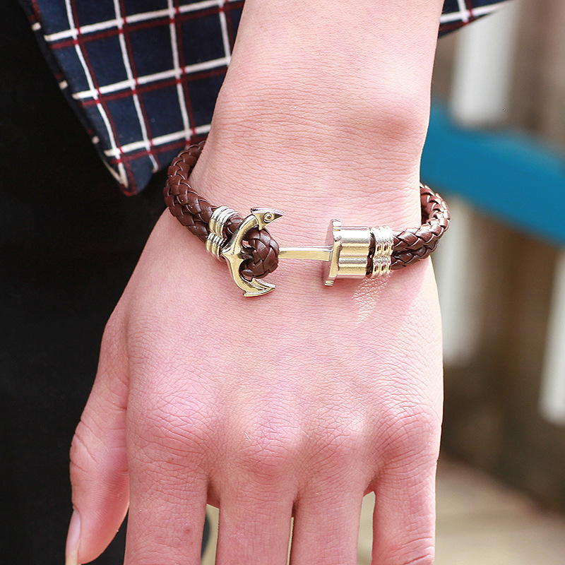 Style Leather Woven Metal Anchor Hip Hop Personality Men's Bracelet Versatile High-end Feel ddmymoon