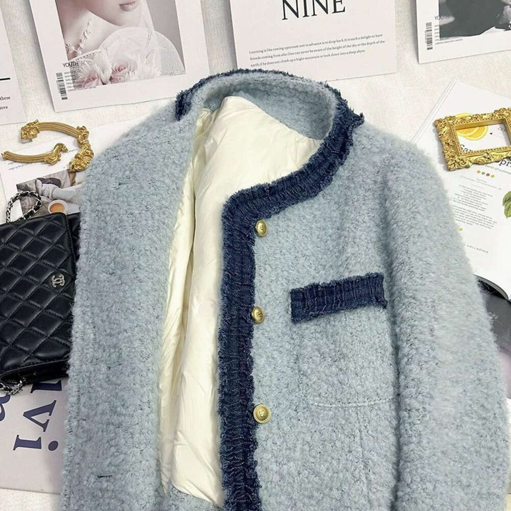 DHEssentials Lined with Fleece, Thickened, Patchwork Blue Style French Short Coat, New Autumn Winter Elegant High-end Top
