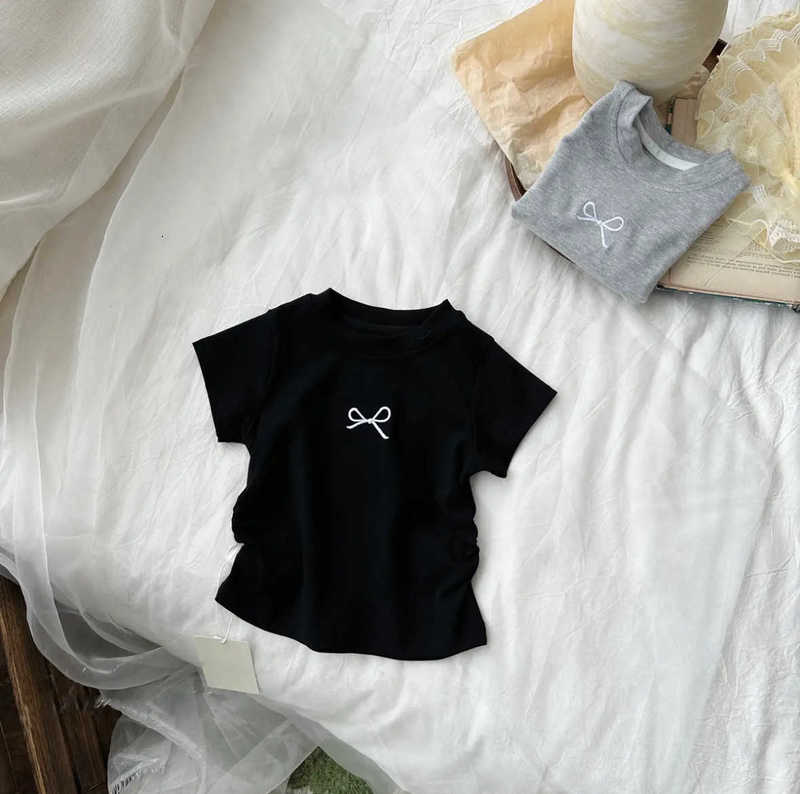 Girls Short Sleeve Slim Fit Cotton T-shirt Embroidered Bow Sweet Princess Style Top Shangqiu Children's Clothing