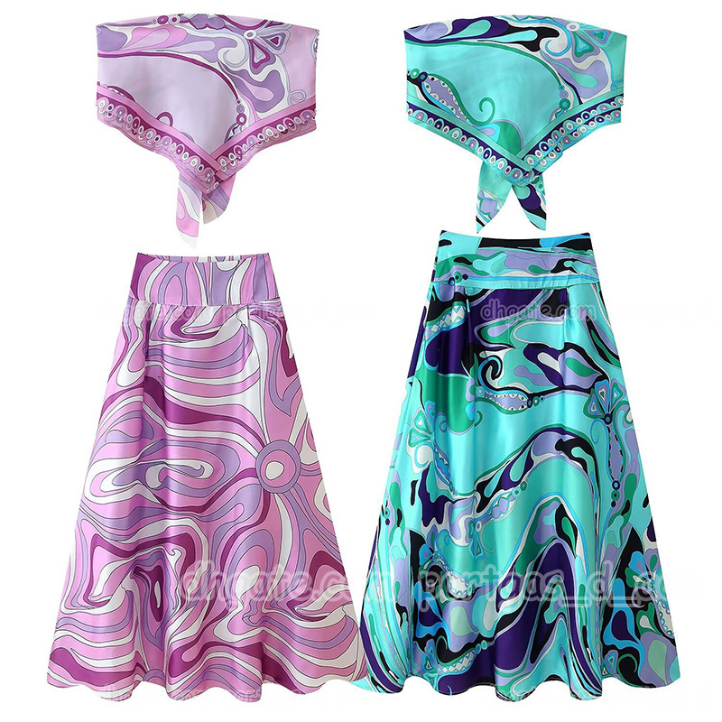 Luxury Color Blocked Skirt Designer Women Sexy Crop Tube Top Vest Summer Vacation Yacht Birthday Party Wedding Vests Skirts