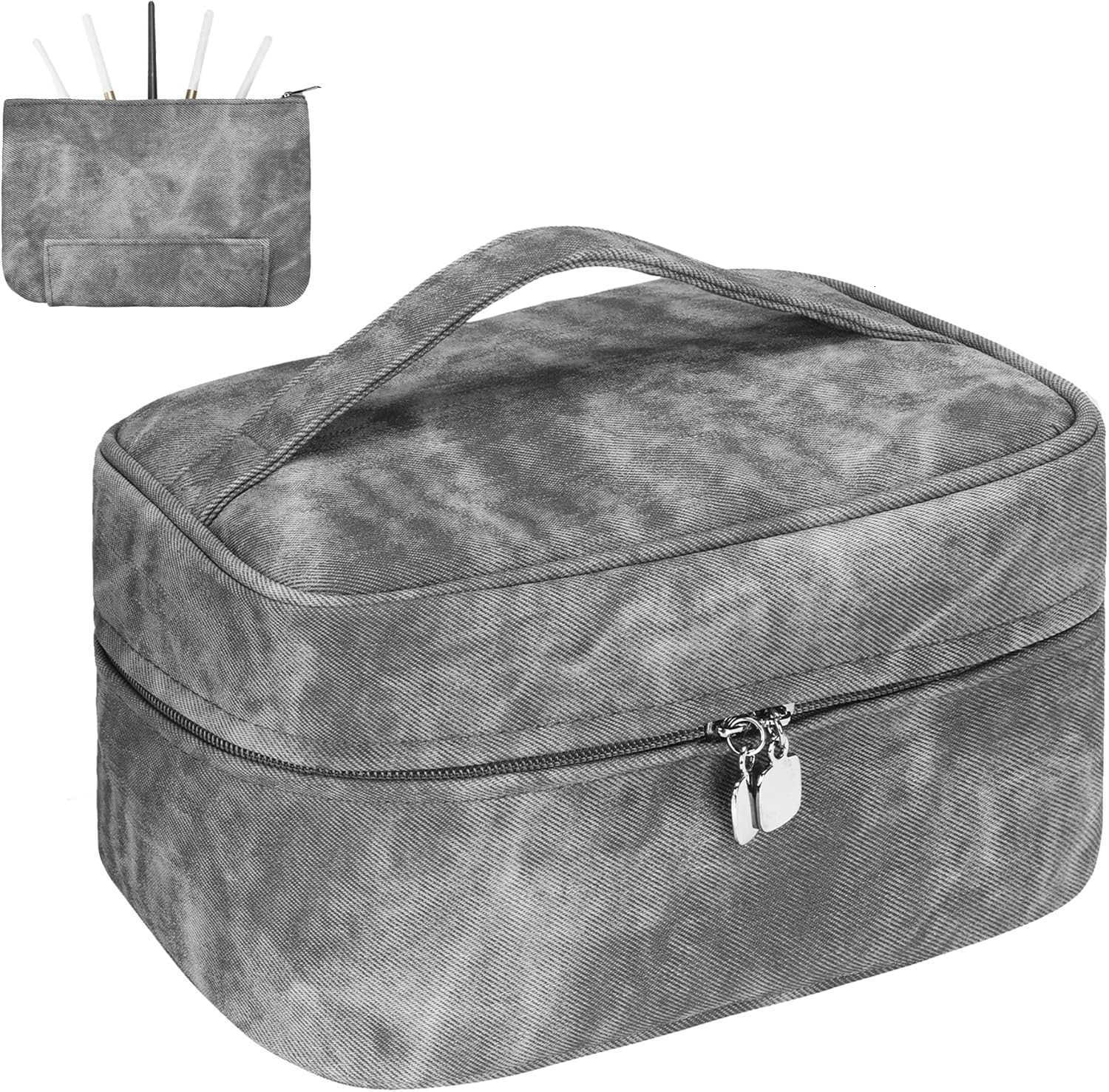 Bag Portable Cosmetic Bag Large Capacity Travel Makeup Case OrganizerStylish DenimLook Toiletry Bag for Women Girls With Handle and Removable PouchW25