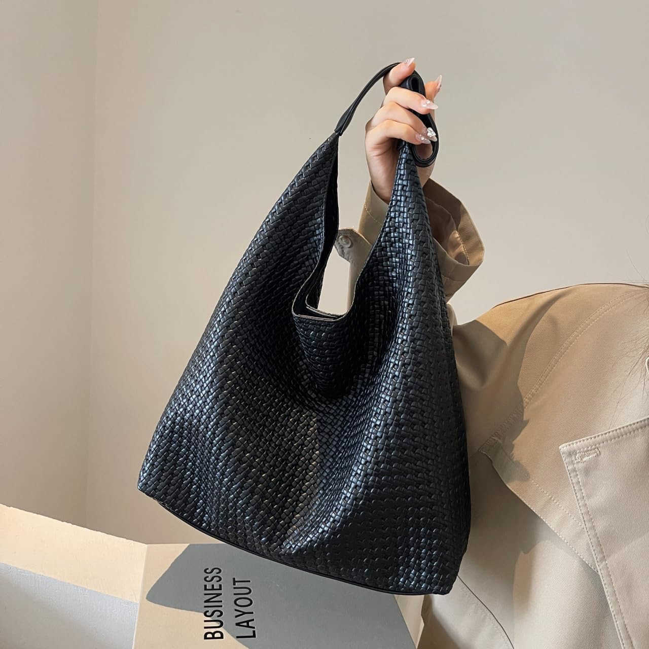 Tote Bag for Women Tophandle Shoulder Bag Leather Woven Beach Bag Soft Vegan Handbag Underarm BlackW250913