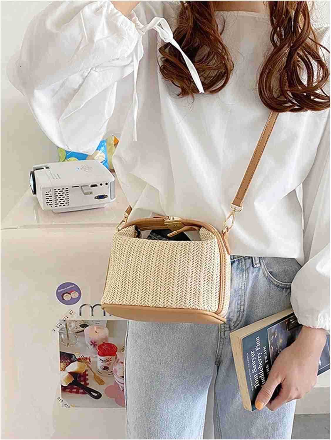 Womens Straw Clutch Purses Handmade Woven Top Handle Bag Zipper Crossbody BagsW250913