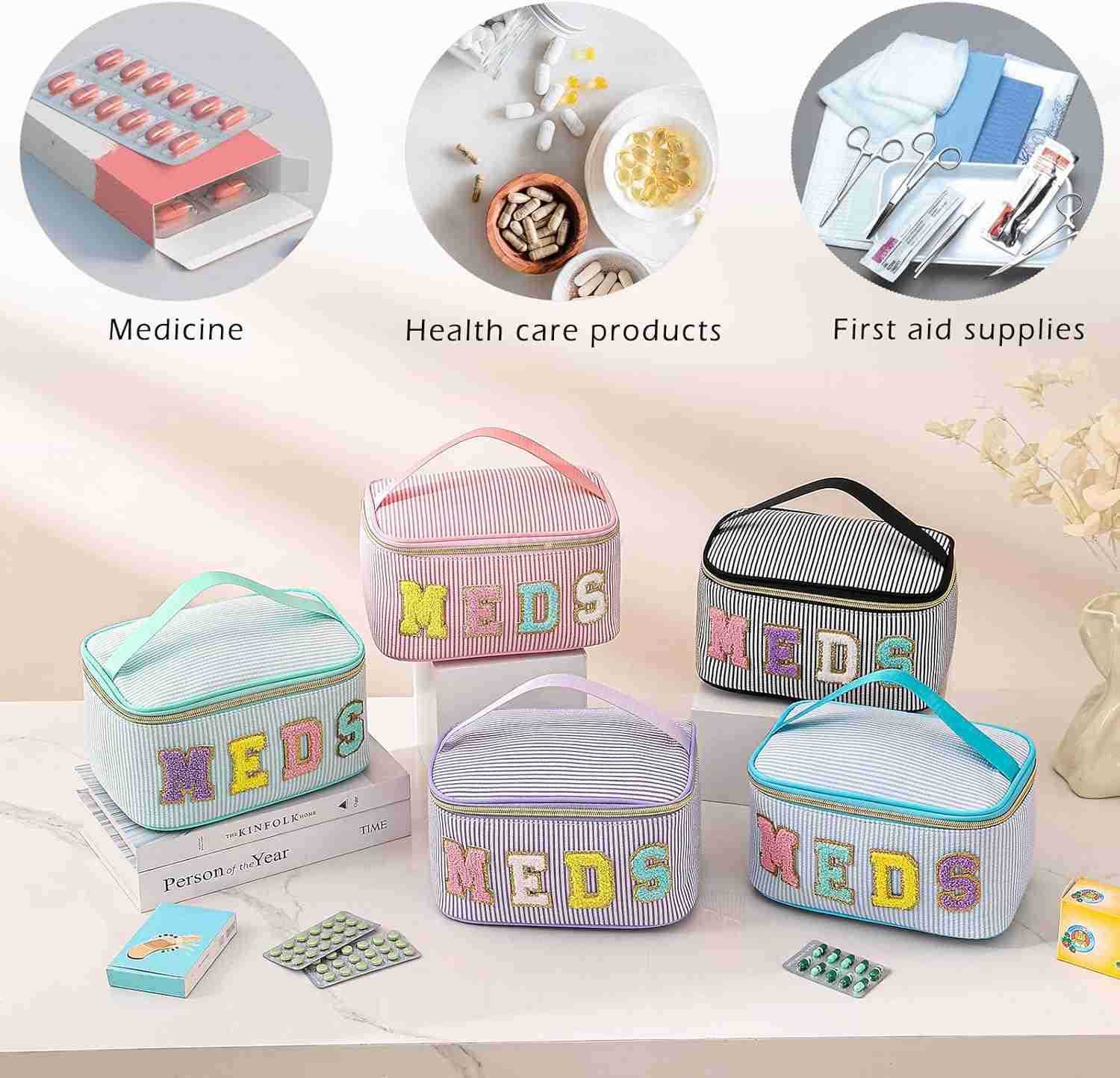 Personalized Chenille Letter Seersucker MEDS Makeup BagLarge Size Medicine RX Cosmetic Bag with Top Handle First Aid Travel Organizer Bag for Women Gi