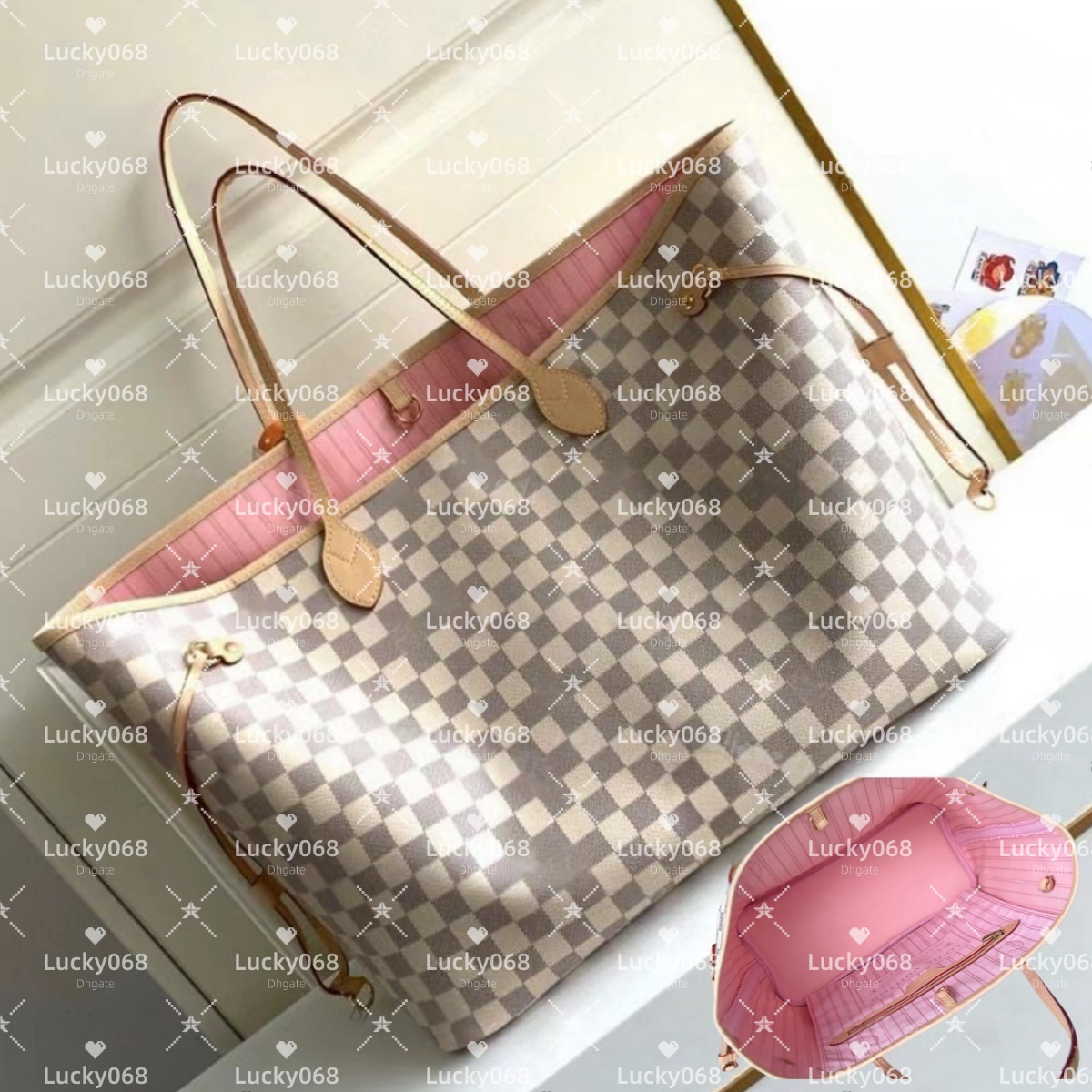 Hot Shopping Bag with Pink Lining Women Inspired Checkered nNeverfull Tote Bag Women's Large Capacity Shoulder Bags Designer Handbags Wallet Lady Totes Purse N40603