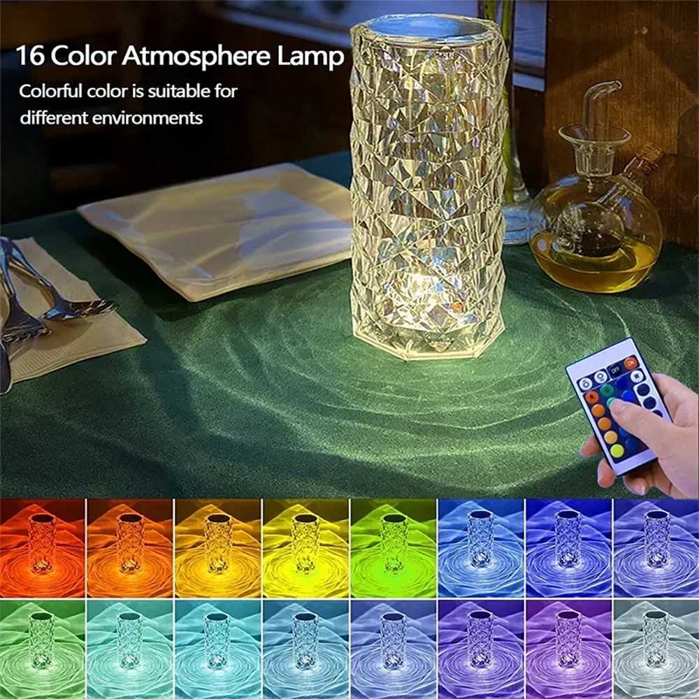 LED Crystal Table Lamp Rose Light Projector 16 Colors Touch Night Light Romantic Diamond Atmosphere Light for Home Bar Decor C250913