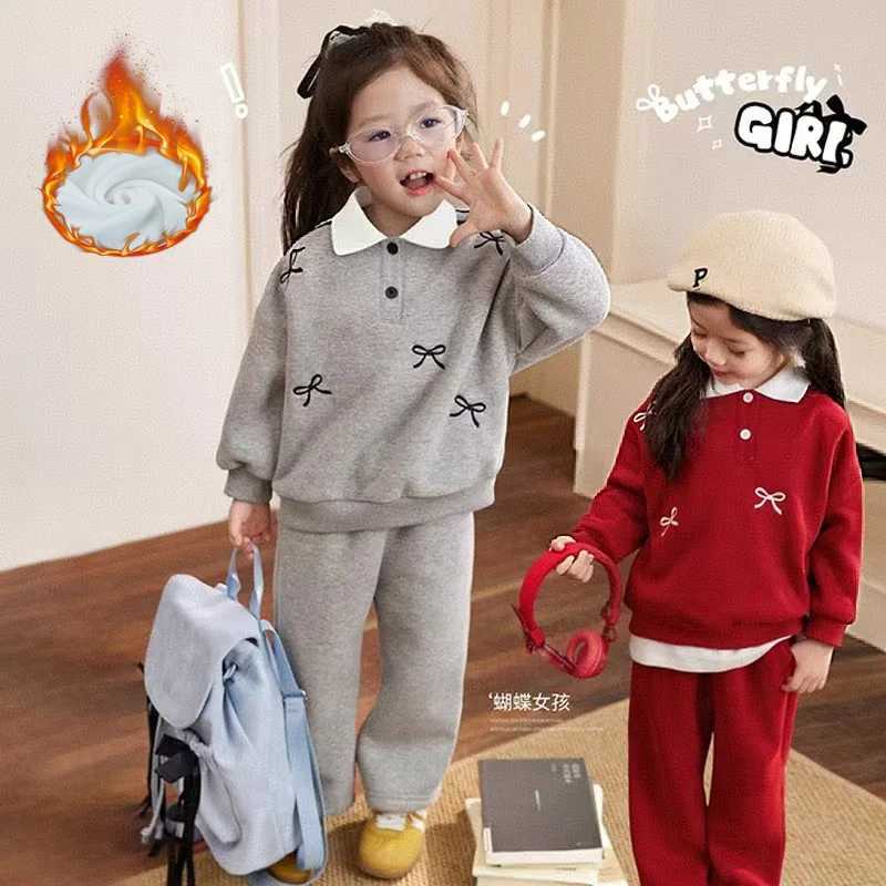Girls Autumn Sets Childrens Fleece Sweatshirt Suits Kids Winter Bow PulloverPants 2Pcs Outfits Baby Teenager Fashion Clothing C250913