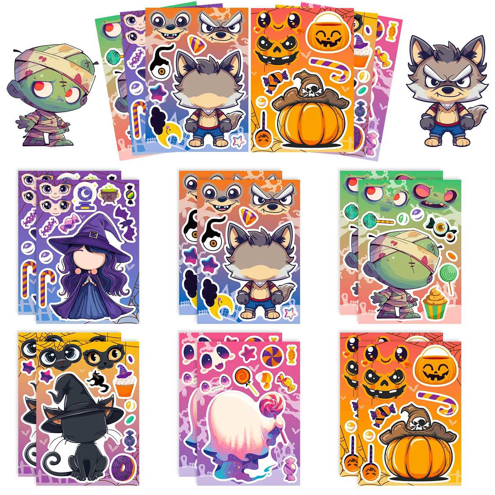 6Sheets Halloween DIY Puzzle Sticker Games 6 Pumpkin Ghost Mummy Witch Make A Face Funny Assemble Jigsaw Stickers Kids Toys X250913