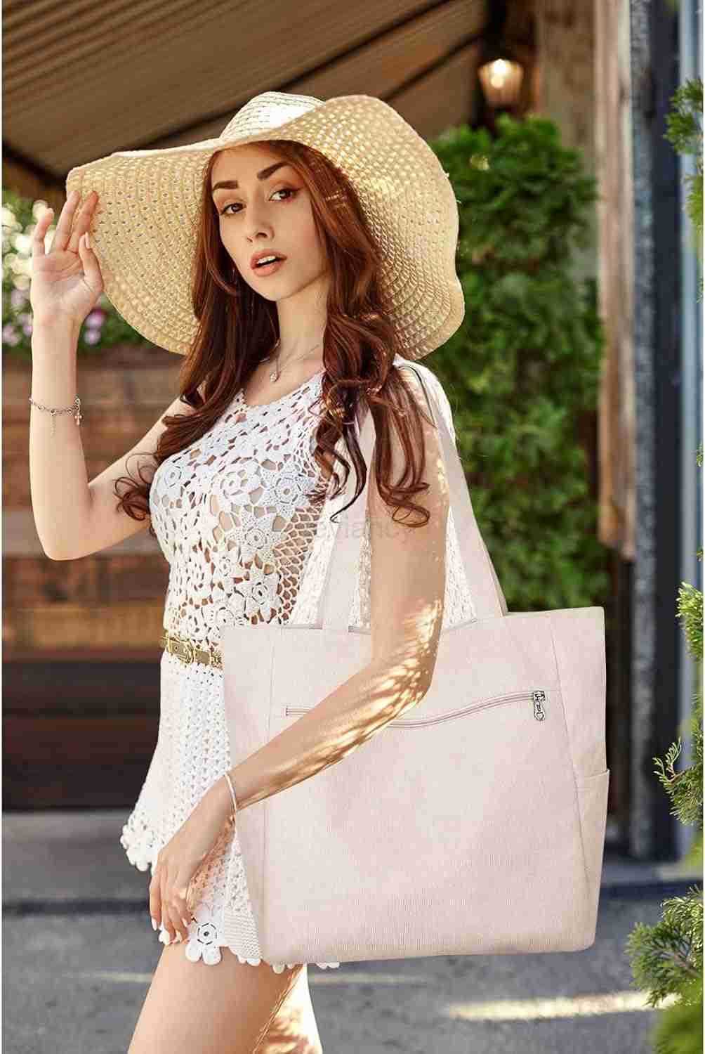 Corduroy Tote Bag for Women with Zipper Large Shoulder Bag Handbag for Work School Shopping Travel Gym VacationW250913