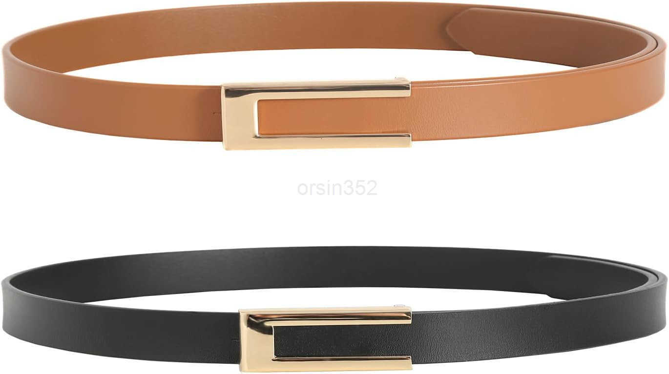Womens Leather Belt Skinny Waist Belt for Dresses Jeans Pants with Gold BuckleW250913