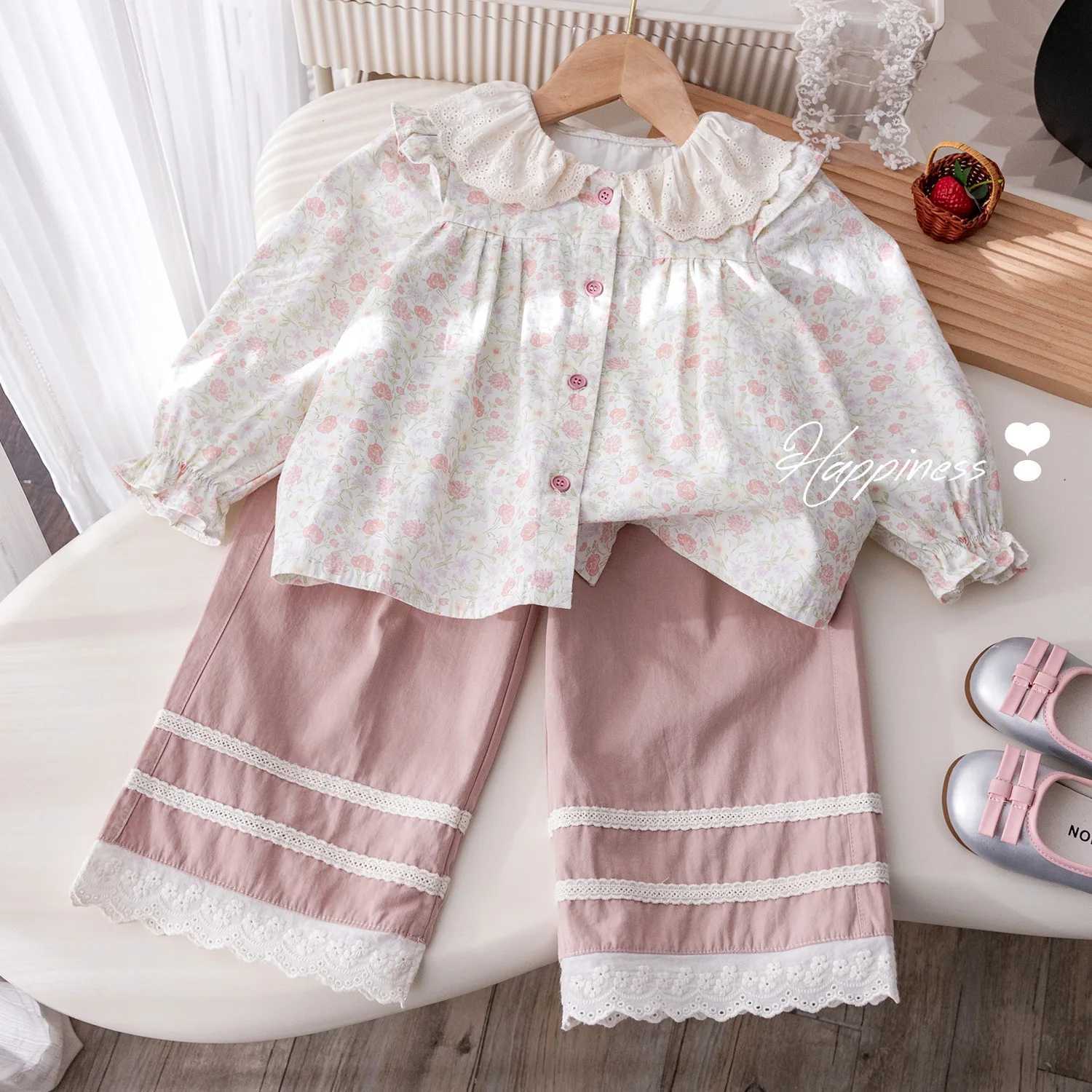 Children Girls 2piece Set Autumn Ruffled Collar Long Sleeve Floral Print Kids Girl Top Elastic Waist Lace Trim Toddler Girl Pant C250913