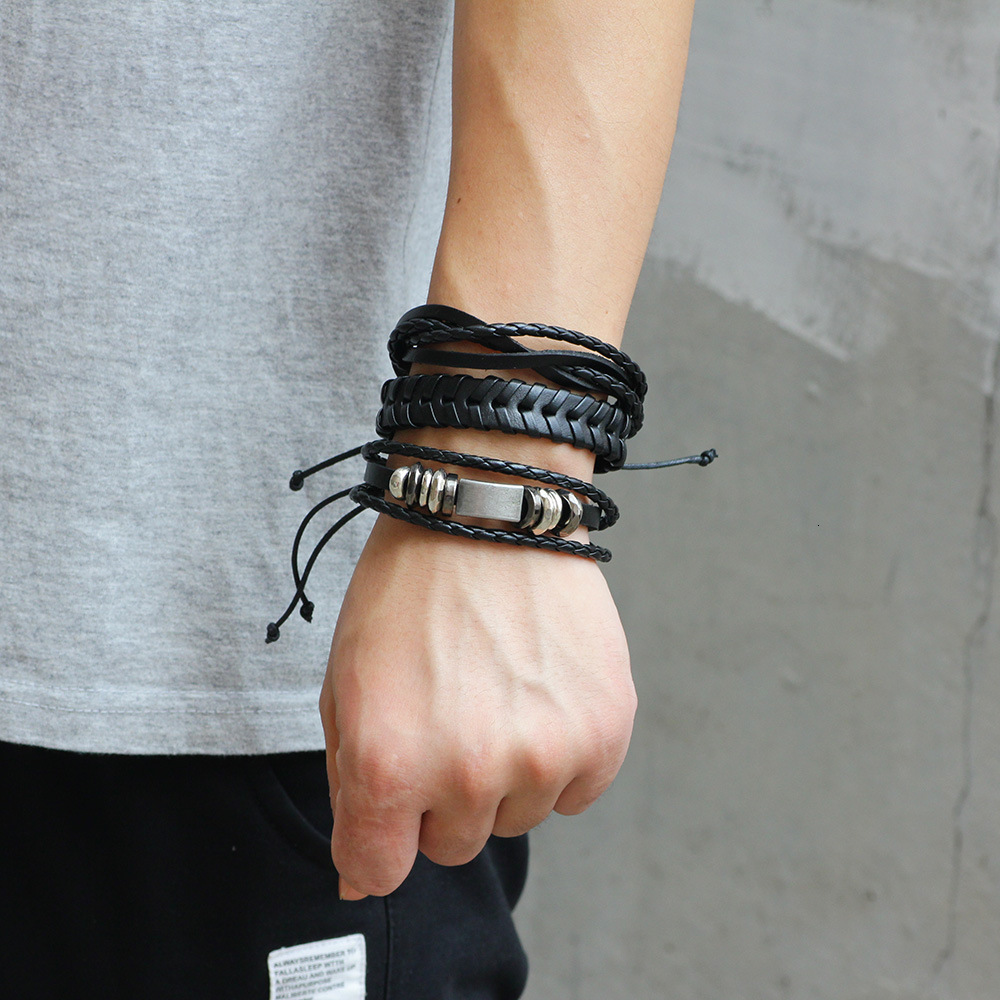 Minimalist Woven with Metal Tag Trendy Men's Leather Multi-layer Set Bracelet Jewelry ddmymoon