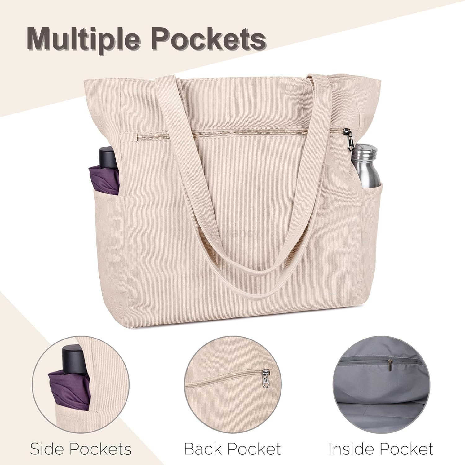 Corduroy Tote Bag for Women with Zipper Large Shoulder Bag Handbag for Work School Shopping Travel Gym VacationW250913