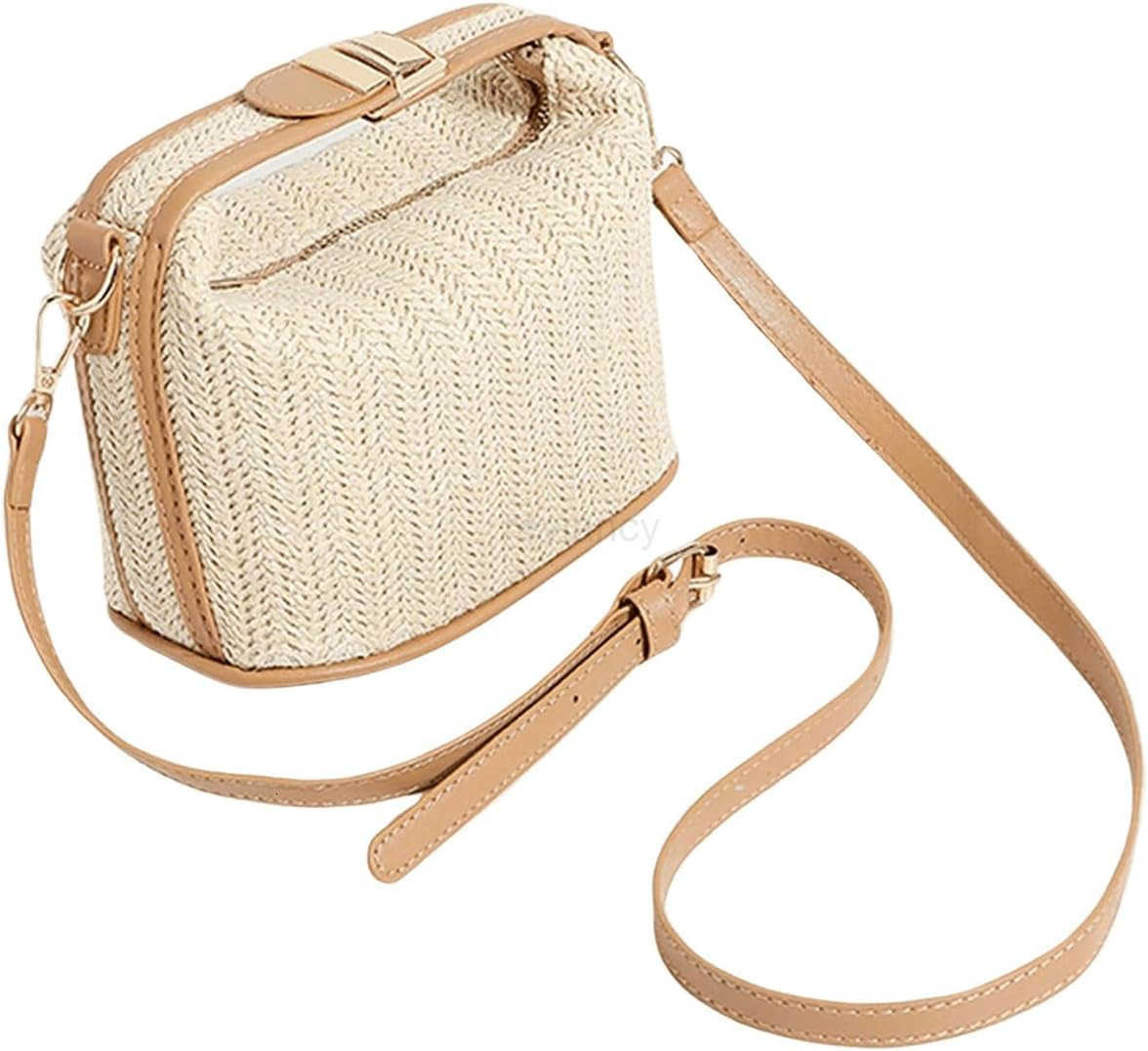 Womens Straw Clutch Purses Handmade Woven Top Handle Bag Zipper Crossbody BagsW250913