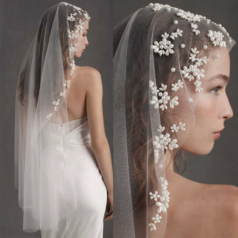 Unique Handmade Wedding Veil Pearls One Layer Long Chapel Length Bride Veils With Comb Bride Voile Customized High Quality