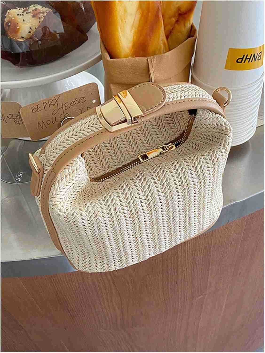 Womens Straw Clutch Purses Handmade Woven Top Handle Bag Zipper Crossbody BagsW250913