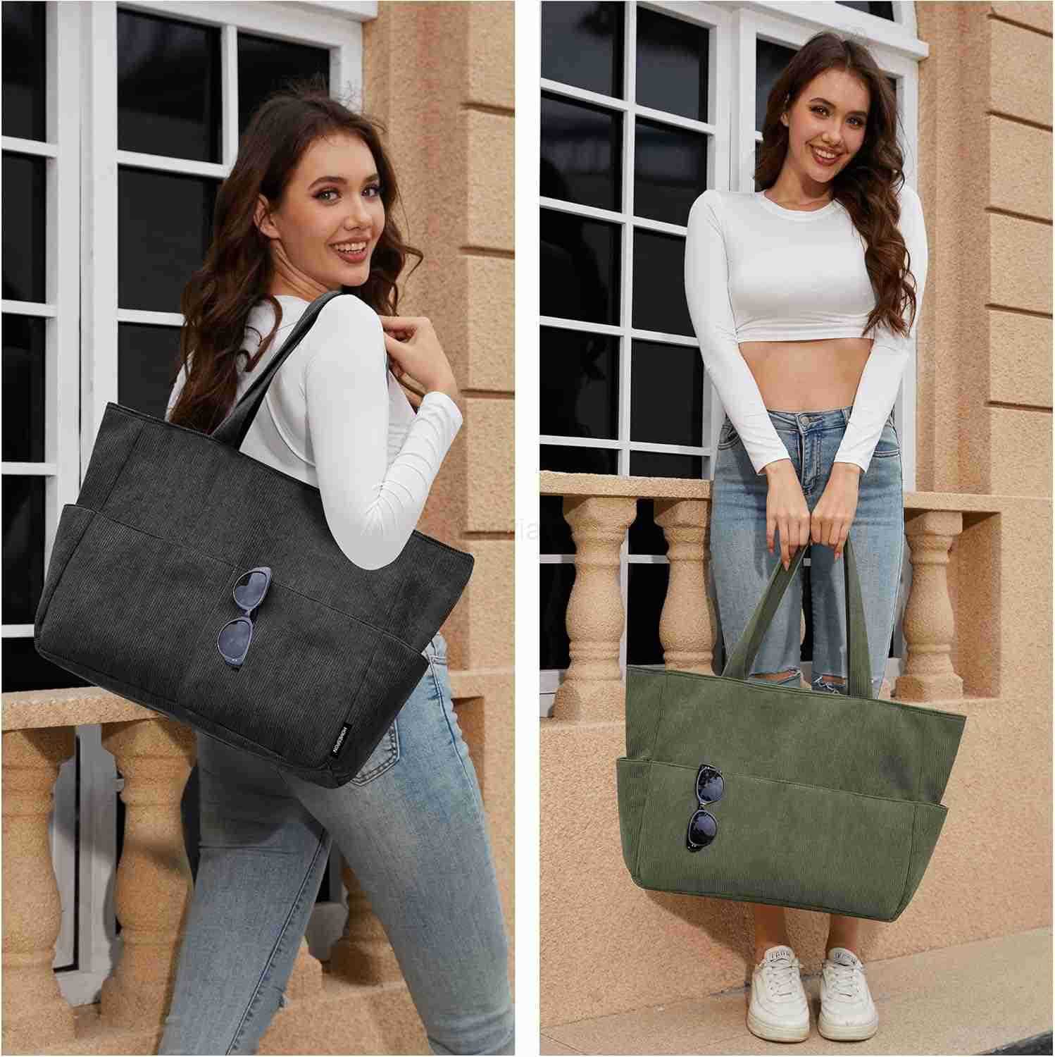 Large Corduroy Tote Bag for Women Everyday Shoulder Bag with Pockets and Zipper for Work Travel VacationW250913