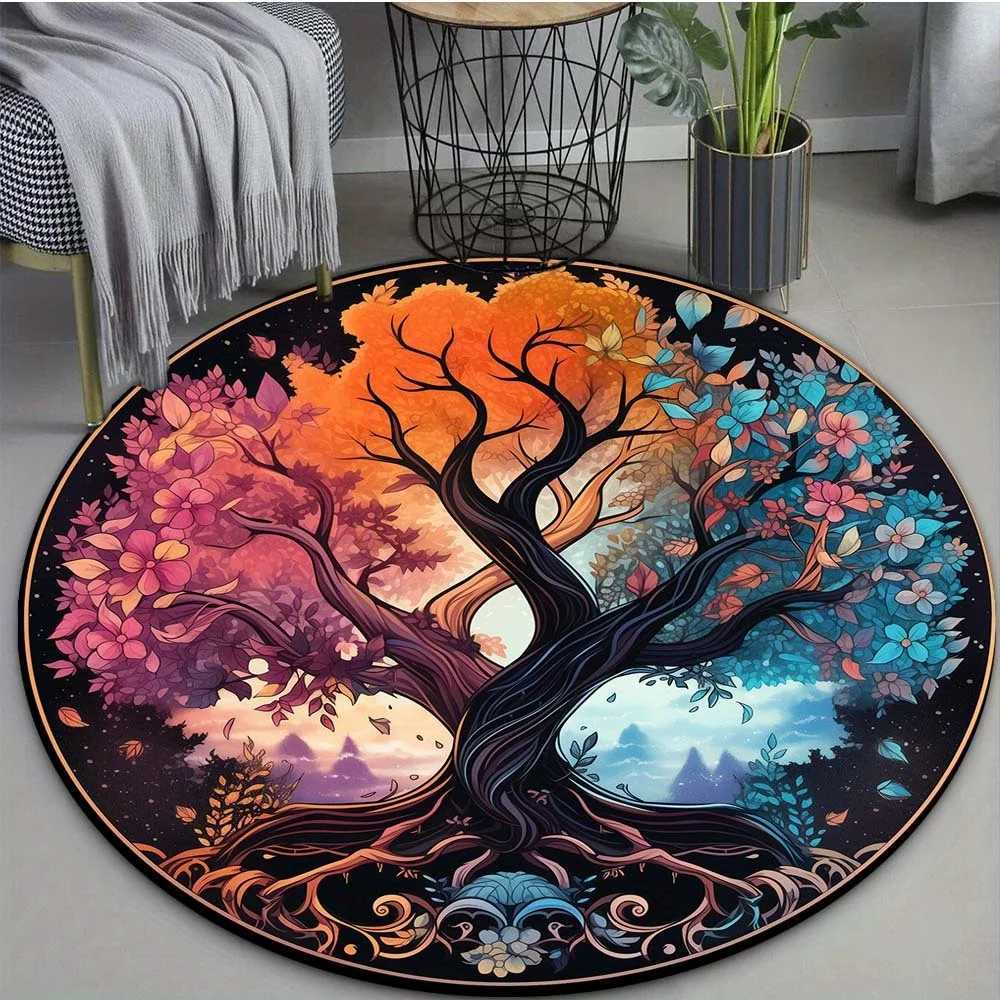 Velvet Crystal Velvet 3D Colorful Tree of Life Pattern Round Mat Lightweight Washable Carpet Suitable for Living Room Bedroom C250913