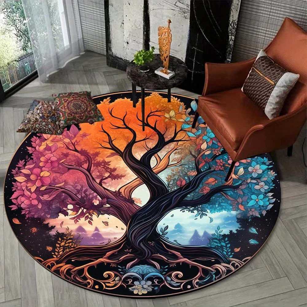 Velvet Crystal Velvet 3D Colorful Tree of Life Pattern Round Mat Lightweight Washable Carpet Suitable for Living Room Bedroom C250913