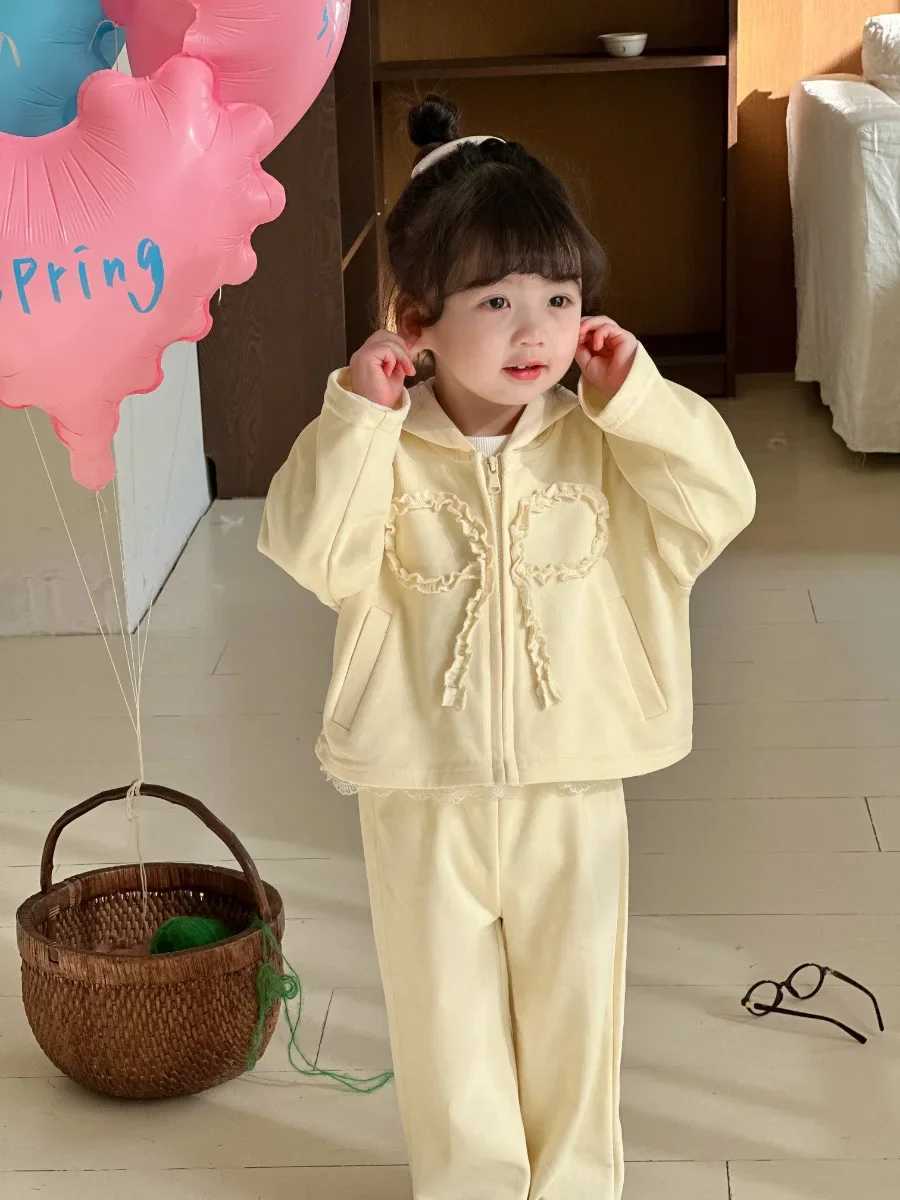 Girls Sweatshirt Set Spring New 2025 Bow Korean Fashion Cute Solid Color Coat Pants Two Piece Set Girls Clothes C250913