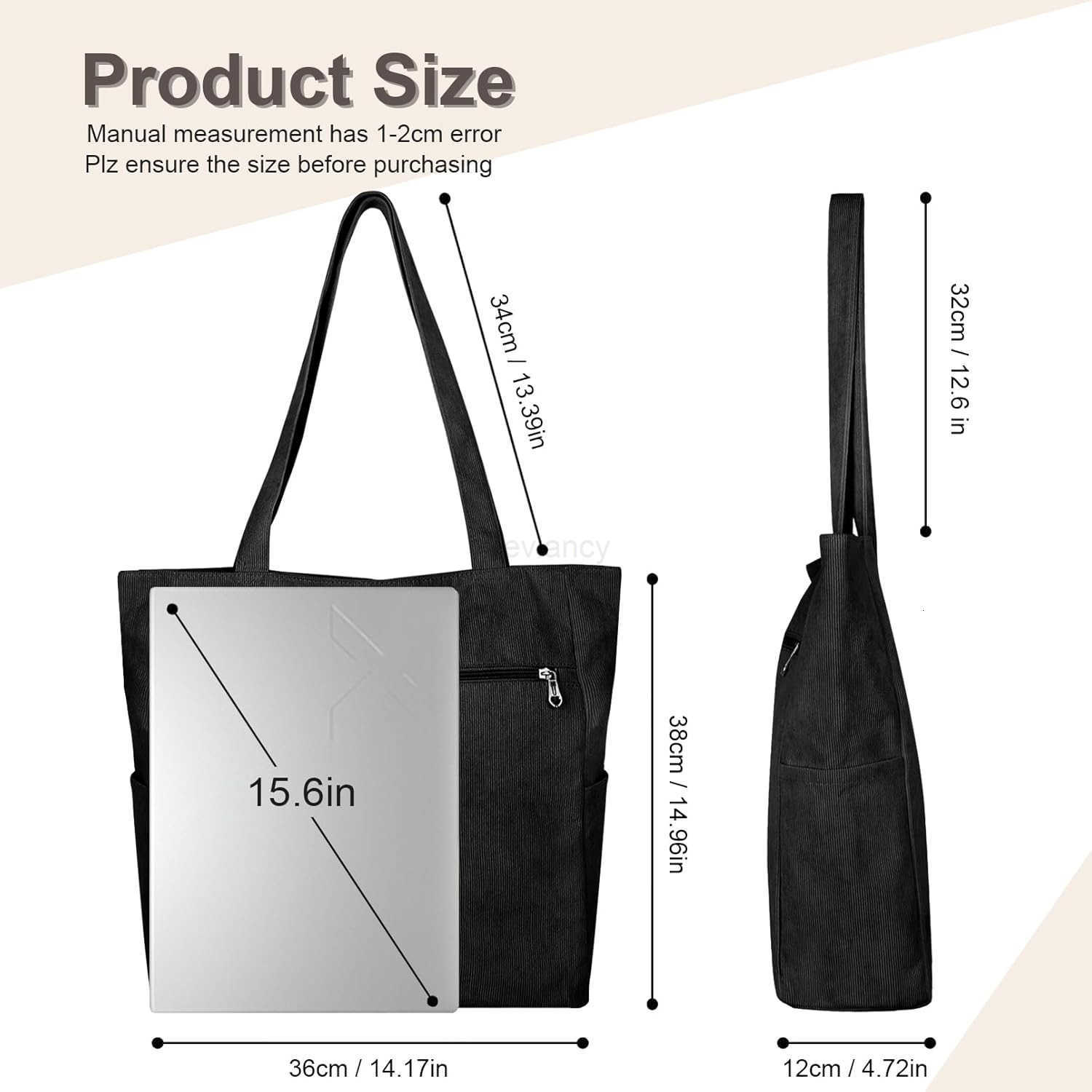 Corduroy Tote Bag for Women with Zipper Large Shoulder Bag Handbag for Work School Shopping Travel Gym VacationW250912