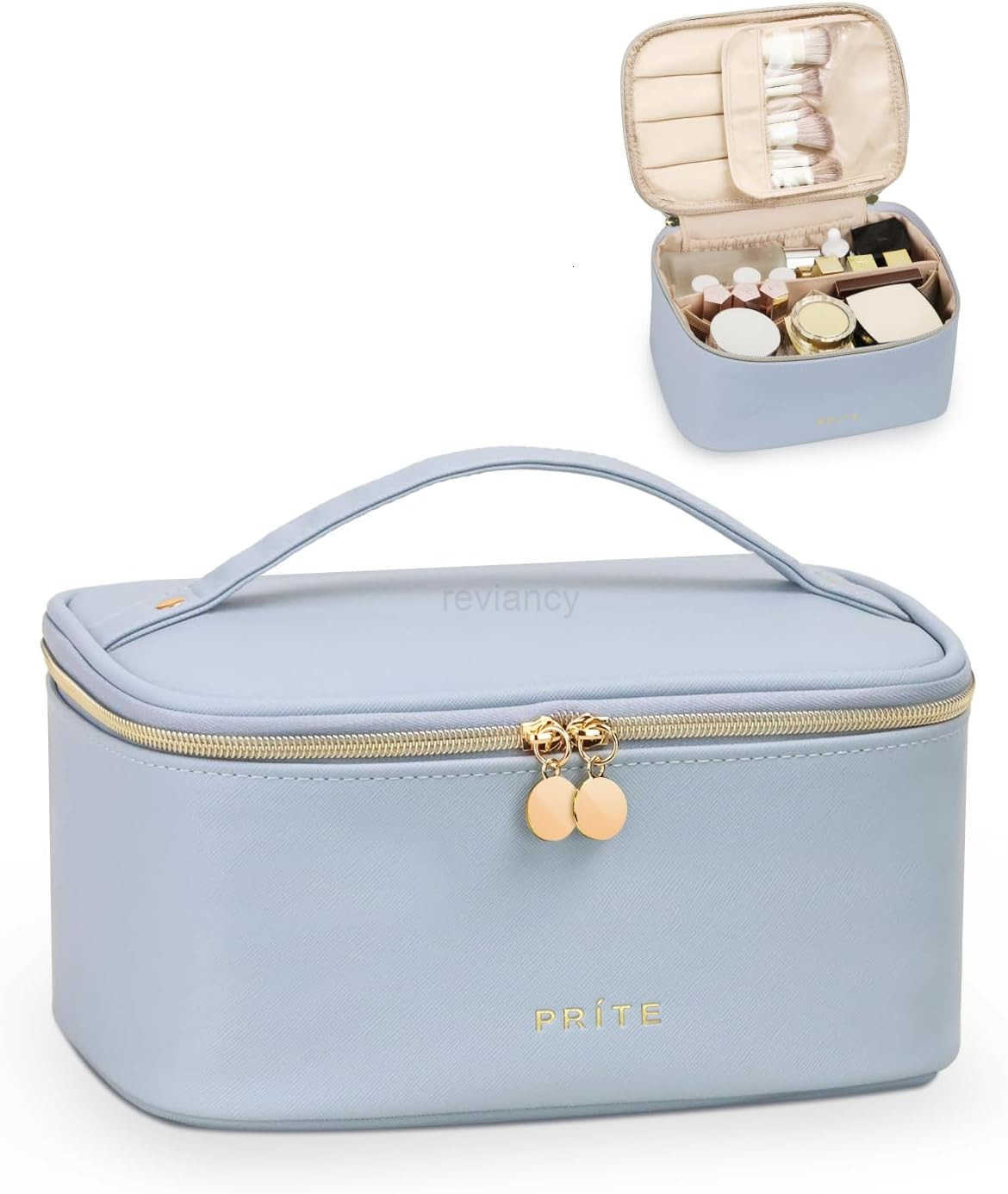 Bag Portable Cosmetic Organizer with Brush Holder Waterproof Travel Toiletry Bag for Women with Handle and Divider BlueW250913