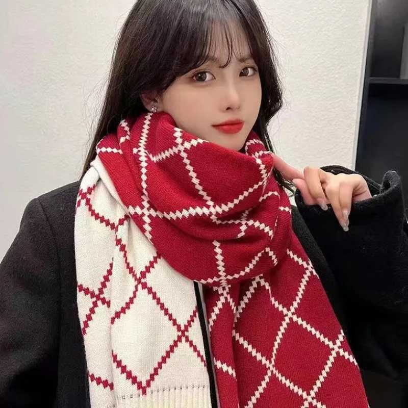 Wens Red Winter Scarf Korean Sty Plaid Knit Wool Neck Warmer Fashion Student Casual Warm Soft Wrap for Cold Weather G250912