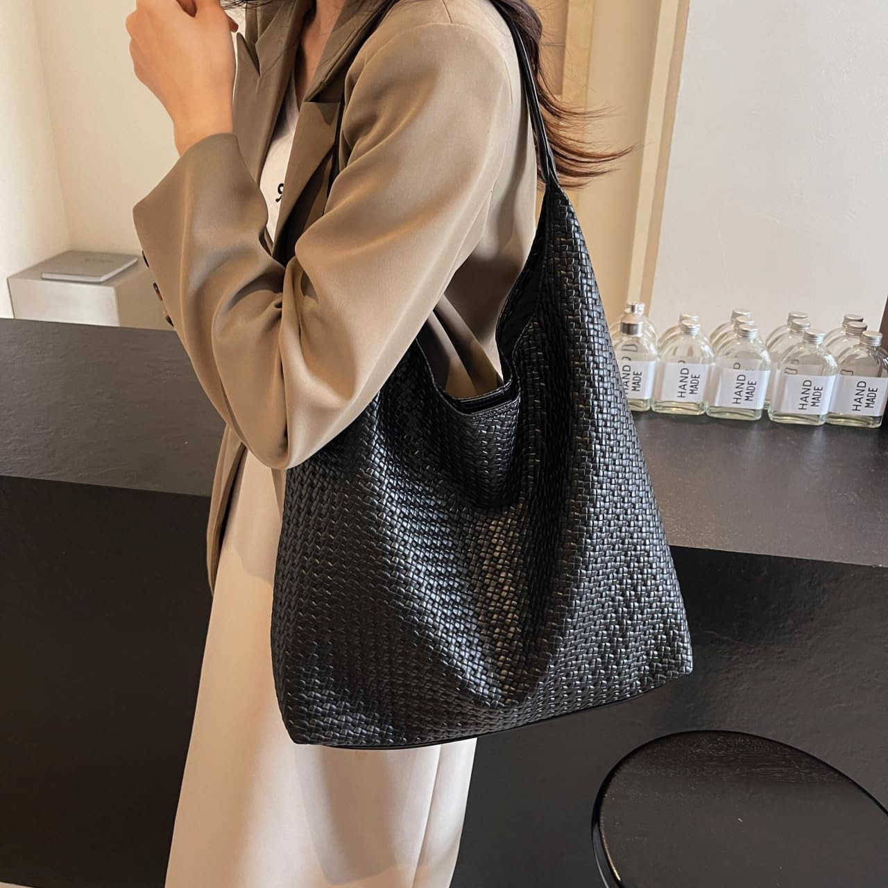 Tote Bag for Women Tophandle Shoulder Bag Leather Woven Beach Bag Soft Vegan Handbag Underarm BlackW250913