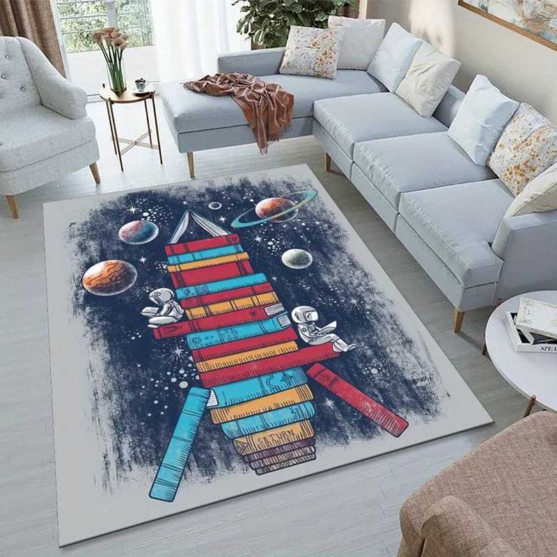 Space Bookshelf Rug for Modern Home Decor Astronaut and Planets Design Unique Living Room Carpets C250913