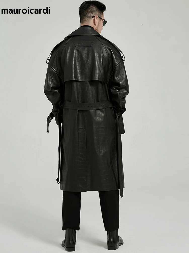 Mauroicardi Spring Autumn Long Black Crocodile Print Pu Leather Trench Coat Men Belt Double Breaste Runway European Fashion 2023 W250913