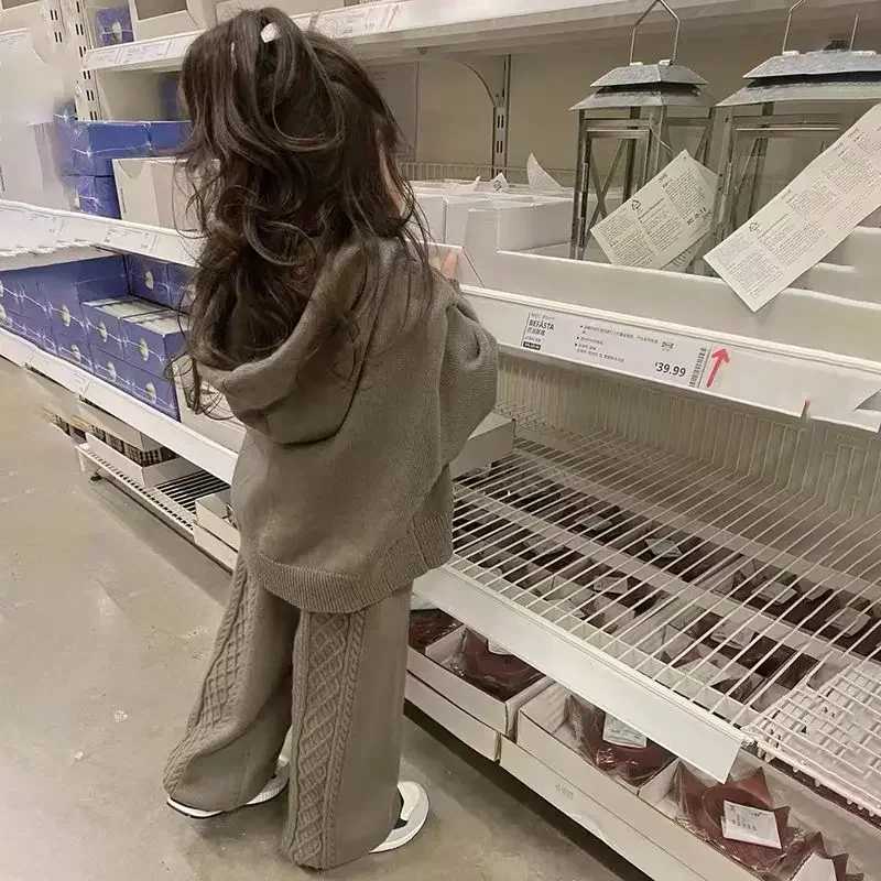 Childrens Sets Girls Spring Autumn Korean Casual Sweater Versatile Hooded Knitting Coat Two Piece Set Soild Elastic Waist C250913