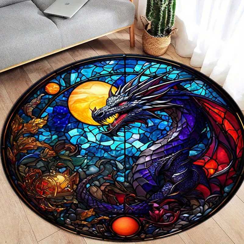 Vibrant Stained Glass Dragon Round Rug AntiSlip Durable Polyester Carpet with Cosmic Design Rich Blues Purples Reds Ora C250913