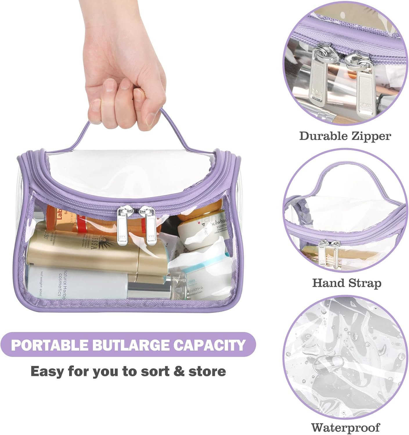 Heavy Duty Clear Cosmetic Bag Waterproof Transparent Travel Makeup Toiletry Organizer Bag Purple1pcsW250913