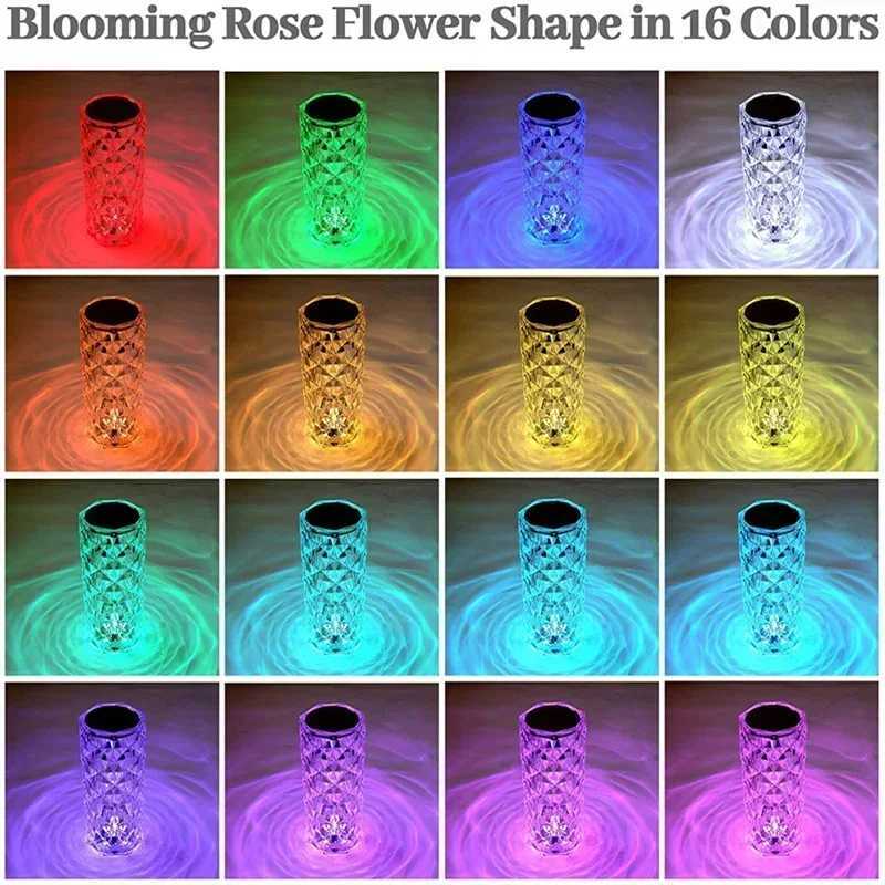 LED Crystal Table Lamp Rose Light Projector 16 Colors Touch Night Light Romantic Diamond Atmosphere Light for Home Bar Decor C250913