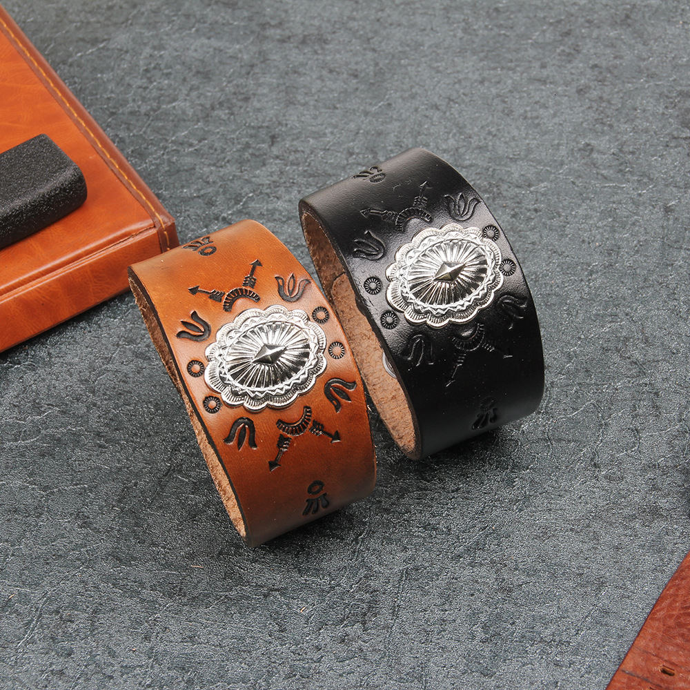 Temu Cowhide Punk Style Genuine Leather Exaggerated Emed Totem Bracelet Trendy Men's Essential ddmymoon