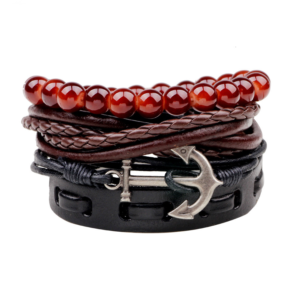 Qino New Navy Cowhide Multi-Strand Bracelet Handmade Woven Beaded National Style Jewelry Anchor Set for Men ddmymoon