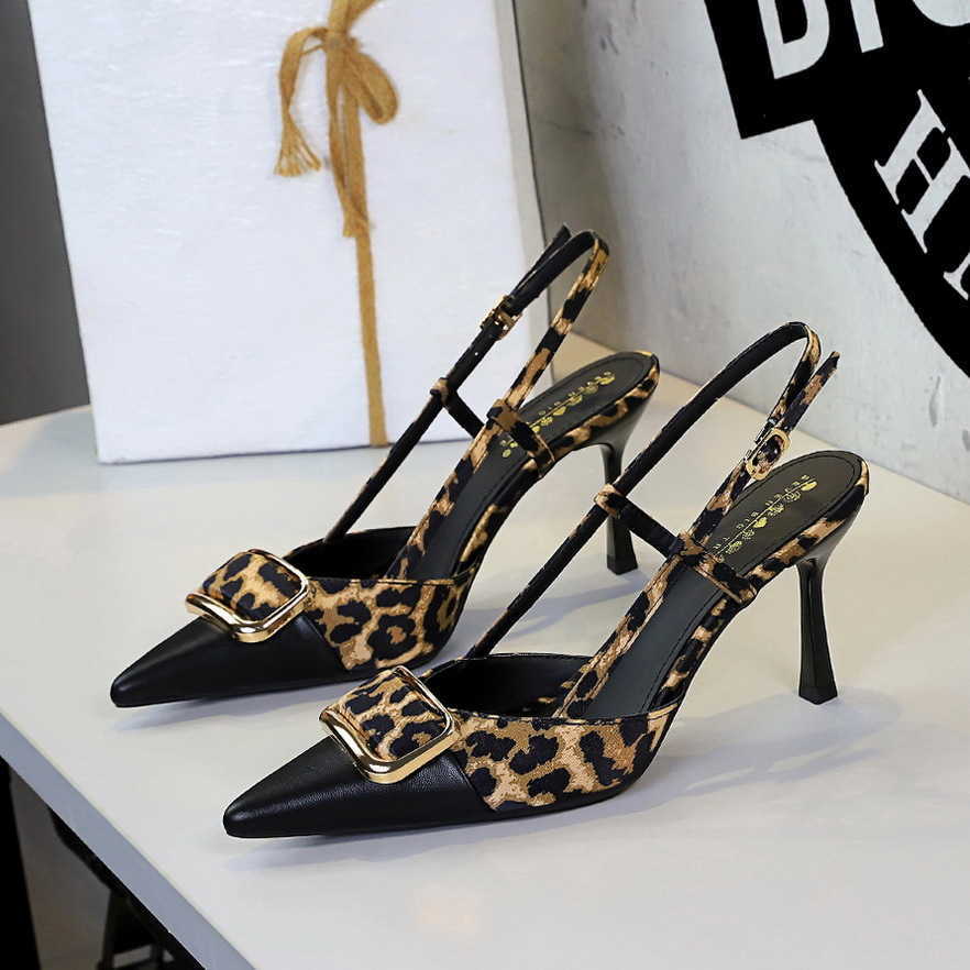 Banquet satin leopard print belt buckle pointed-toe high heels backless back strap shoes women's style J250913