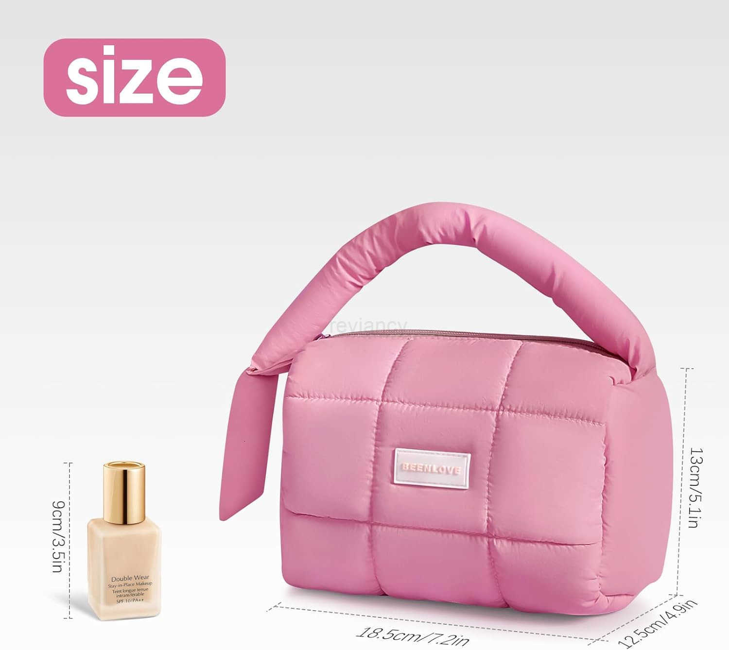 Cute Puffy Makeup Bag with Handle Quilted Cosmetic Organizer Bag Waterproof Travel Toiletry Pouch Portable Handbag with Zipper for Women and Girls Ros