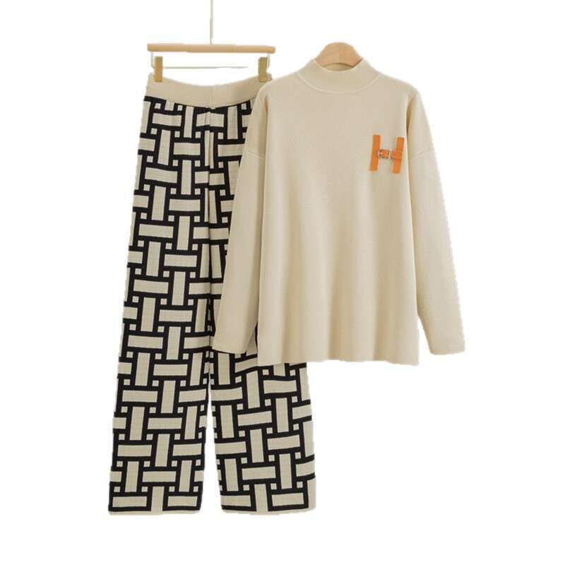 Spring and Autumn Round Neck Long Sleeve Knitted Shirt Top Loose Wide Leg Pants Elegant Women's Two Piece Set