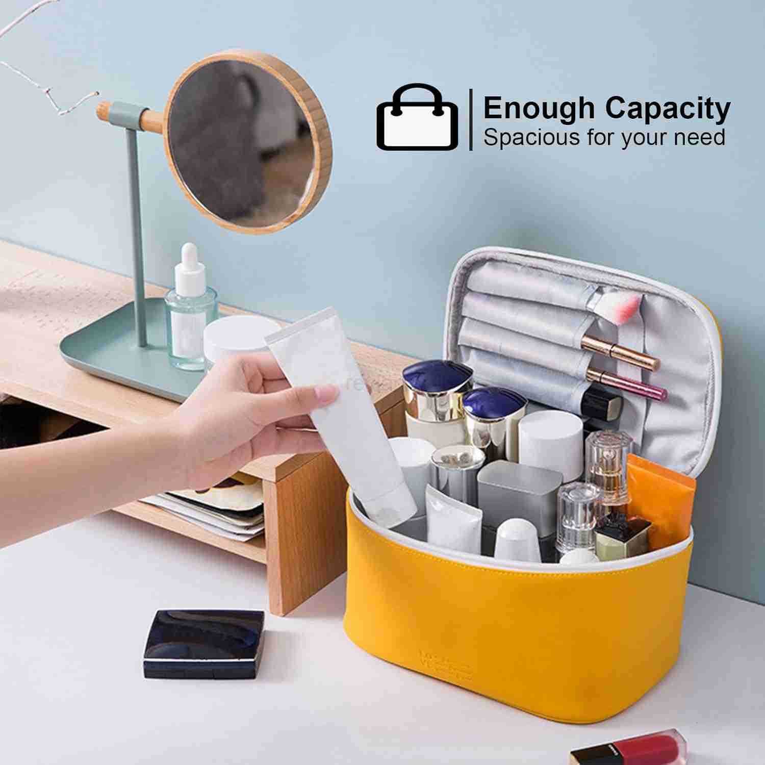 Portable Makeup Bag Cosmetic Bags for Women Medium Pouch Case Purse Make Up Organization WaterproofYellowW250913