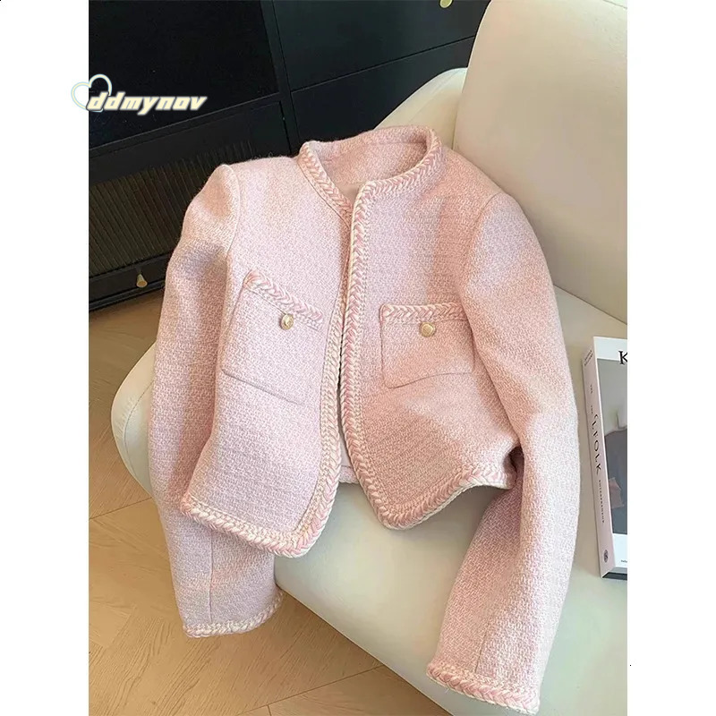 Elegant Tweed Jacket Women Sweet Cropped Pink Coat Winter Korean Single Breasted Blazer Ladies Vintage Short Outerwear 240821 ddmynov